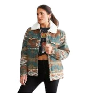 BKE Teal Brown Patterned Sherpa-Collar Jacket